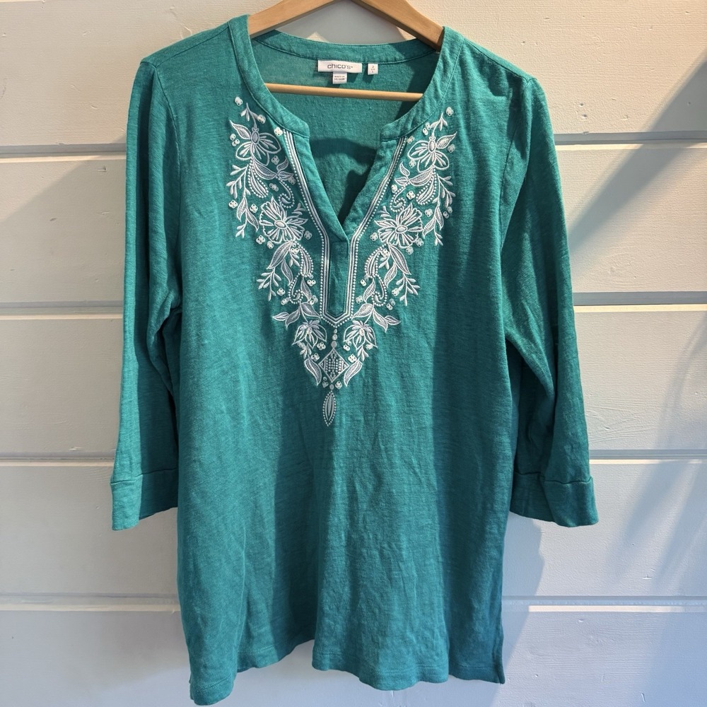 Chico's 100% Linen Embroidered Tunic Top 3/4 Sleeve Women's Large/ 2 Teal